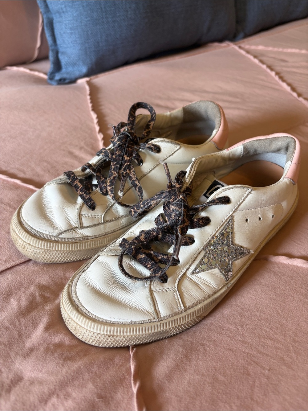 Golden Goose White Leather Sneakers with Pink Heel and Glitter Star